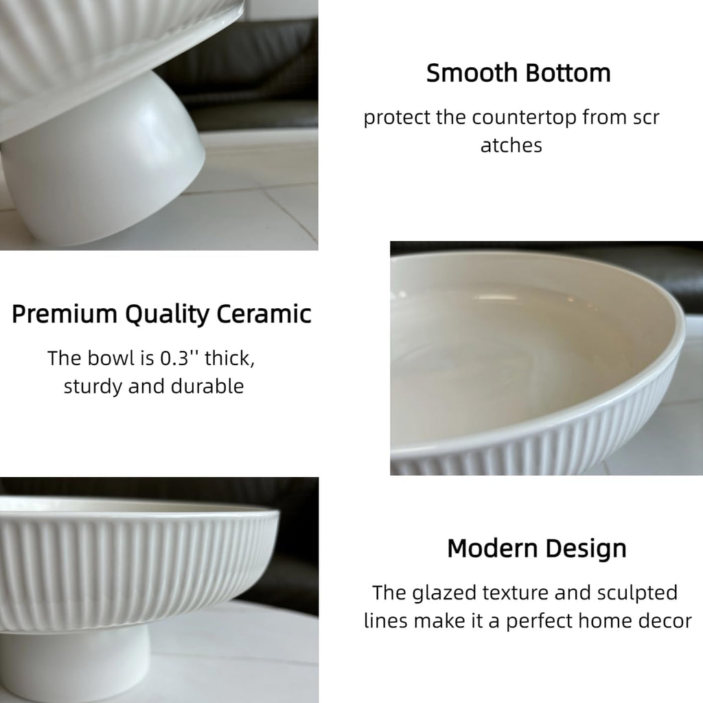 11" Ceramic Fruit Bowl Counter, White | Large Decorative Bowl - spacious pedestal bowl blending decor with