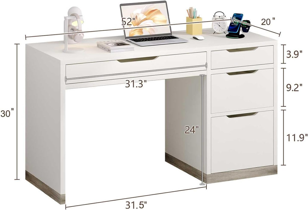 52 Inch White Desk with 4 Drawers, Computer Desk with Storage for Small Spaces with Storage File Cabinet