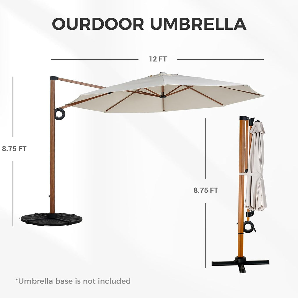 12 FT Patio Umbrella, Outdoor Cantilever Round Umbrella with 360° Rotation, Aluminum Offset Umbrella Pool, Beige