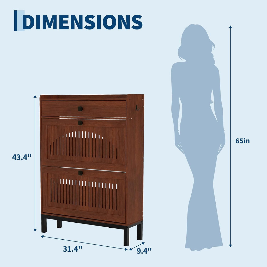 Shoe Cabinet with 2 Flip Drawers and 1 Large Drawer, Wooden Shoe Organizer Cabinet with Adjustable Shelf, Shoe