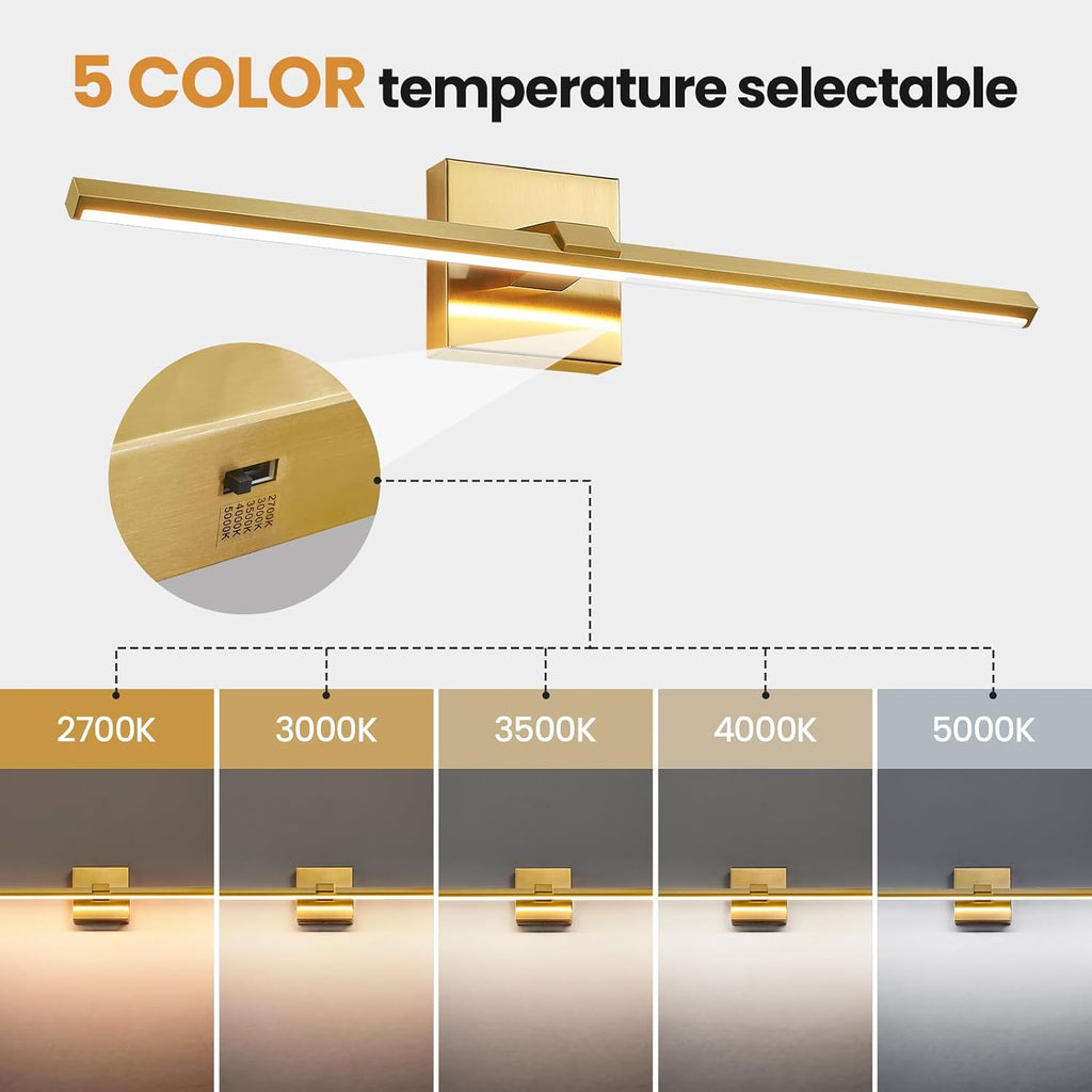 Gold LED Bathroom Vanity Light 24 Inch 18W Dimmable 5CCT Bathroom Lighting Fixtures Over Mirror Modern Brushed Gold