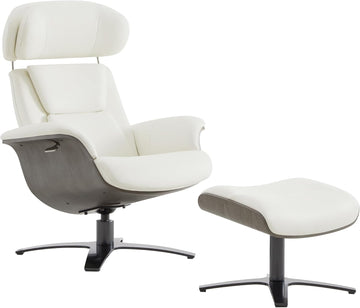 Modern Reclining Swivel Lounge Chair and Ottoman — White Genuine Leather