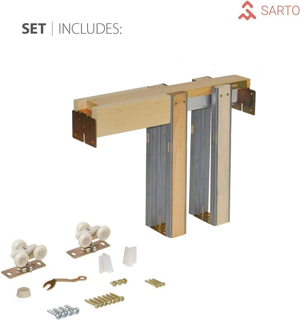 Modern Pocket Door 32 x 84 with Frames | Quadro 4111 White Ash | Kit Trims Rail Hardware | Solid MDF