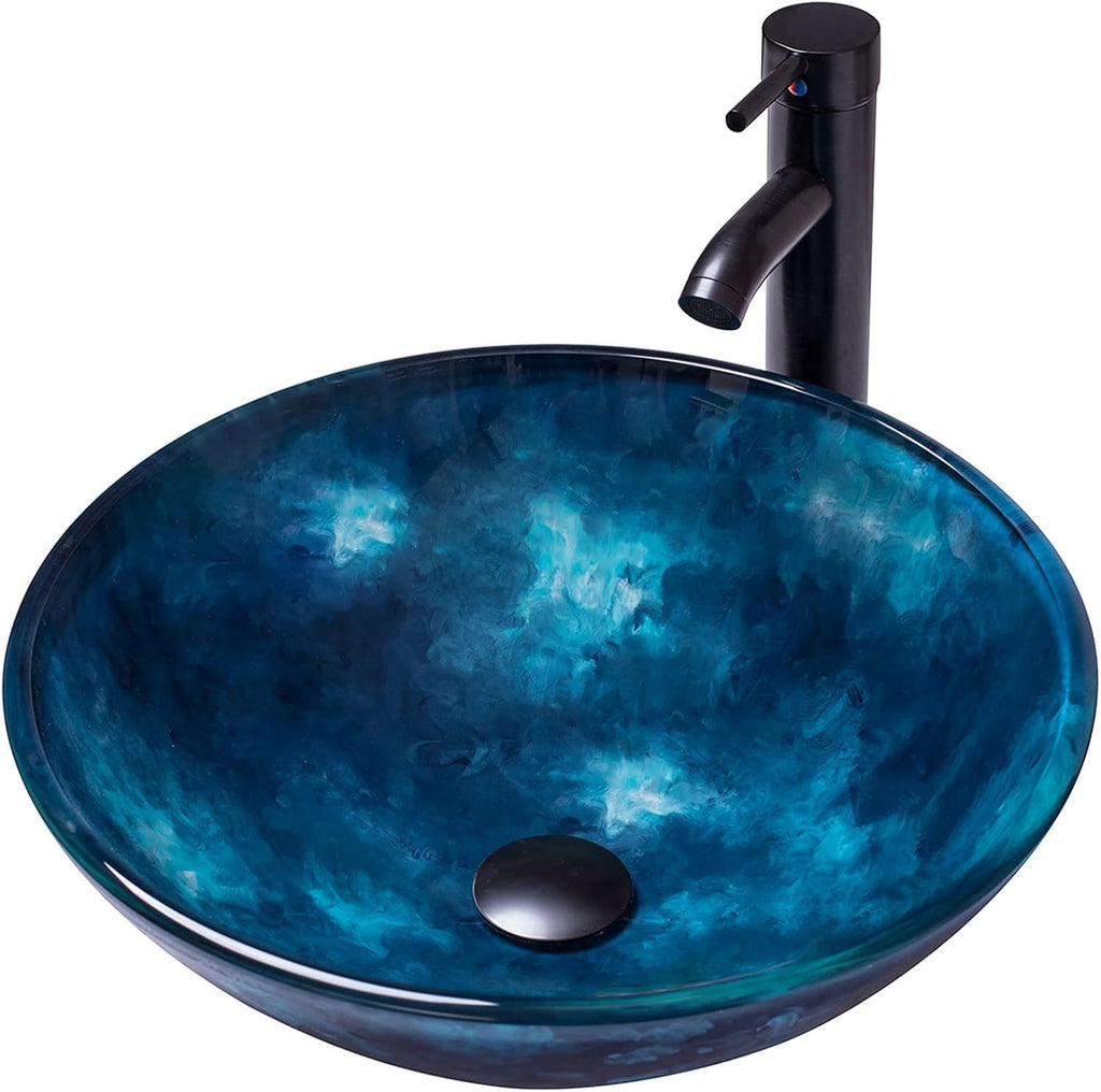 Vessel Sink 16.5" Bathroom Sinks Tempered Glass Blue Art Basin Round Bowl with Faucet Combo Blue,Modern Countertop