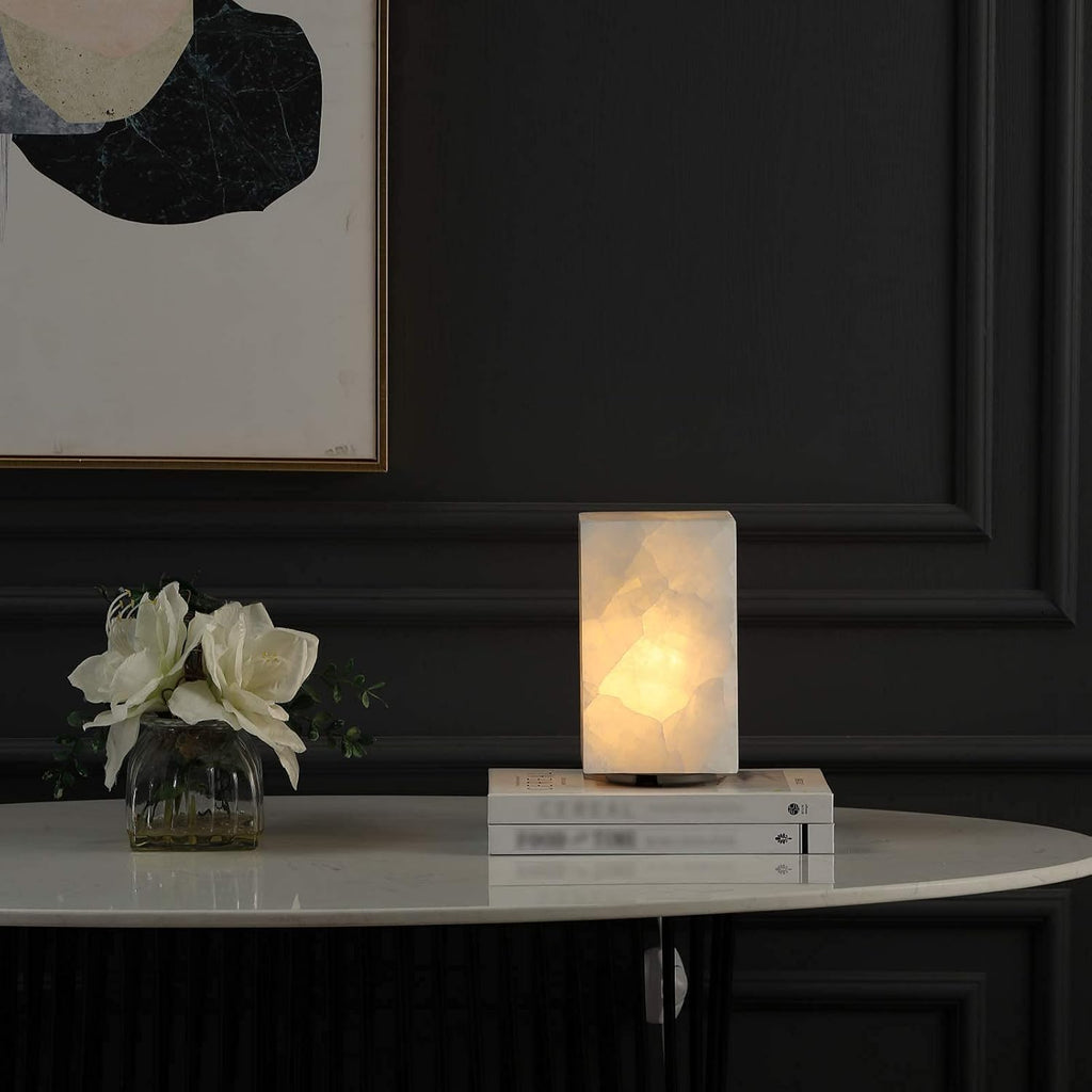 Natural Calcite Stone Table Lamp, Handcrafted Solid Stone Lamp with Unique Crystal Texture, Dimmable 3-Color LED