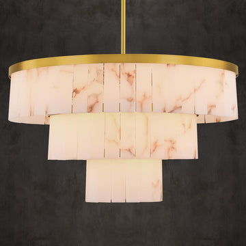 Round Alabaster Chandelier, 3 Tiers Natural Marble Chandelier D34 Gold Chandeliers for Dining Room, Modern Brass High Ceiling Chandeliers for Living Room, Foyer, Entryway, Staircase(Include 15 Bulbs)