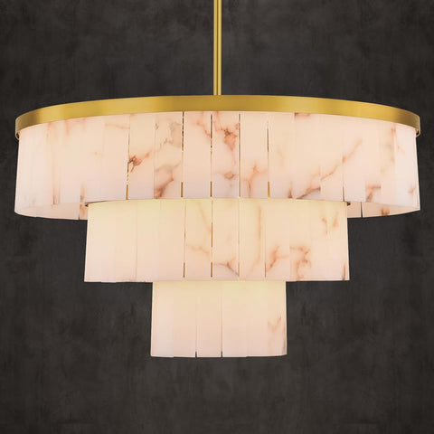 Round Alabaster Chandelier, 3 Tiers Natural Marble Chandelier D34 Gold Chandeliers for Dining Room, Modern Brass High Ceiling Chandeliers for Living Room, Foyer, Entryway, Staircase(Include 15 Bulbs) A125-B0F6LXT411