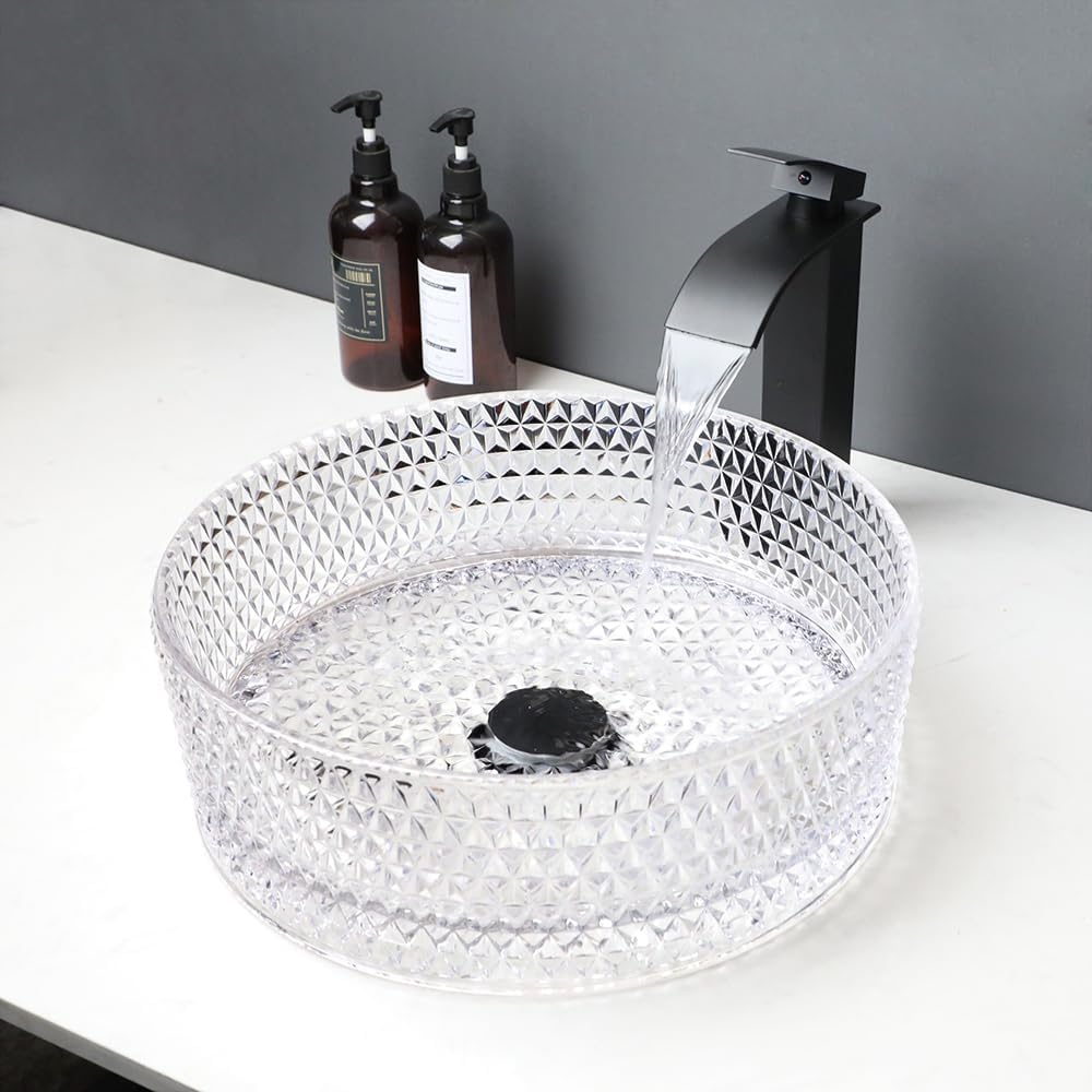 16 Inch Crystal Bathroom Vessel Sink with Faucet and Drain Combo,Diamond Shaped Clear Tempered Glass Vessel Sink Above