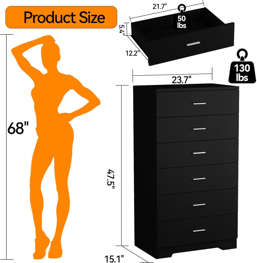 48" Tall Dresser Chest of Drawers with Power Outlets Wood 6 Drawers Dresser with Large Storage Space and Metal