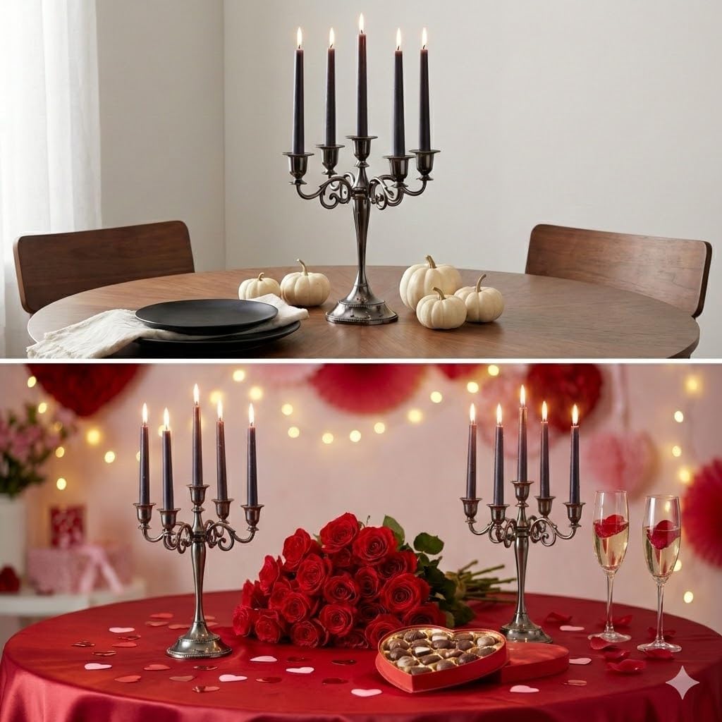 5-Arm Candelabra Centerpiece - 10.6" Tall Metal Taper Candle Holder for 1/2-1 inch Taper Candles, Vintage Decorative