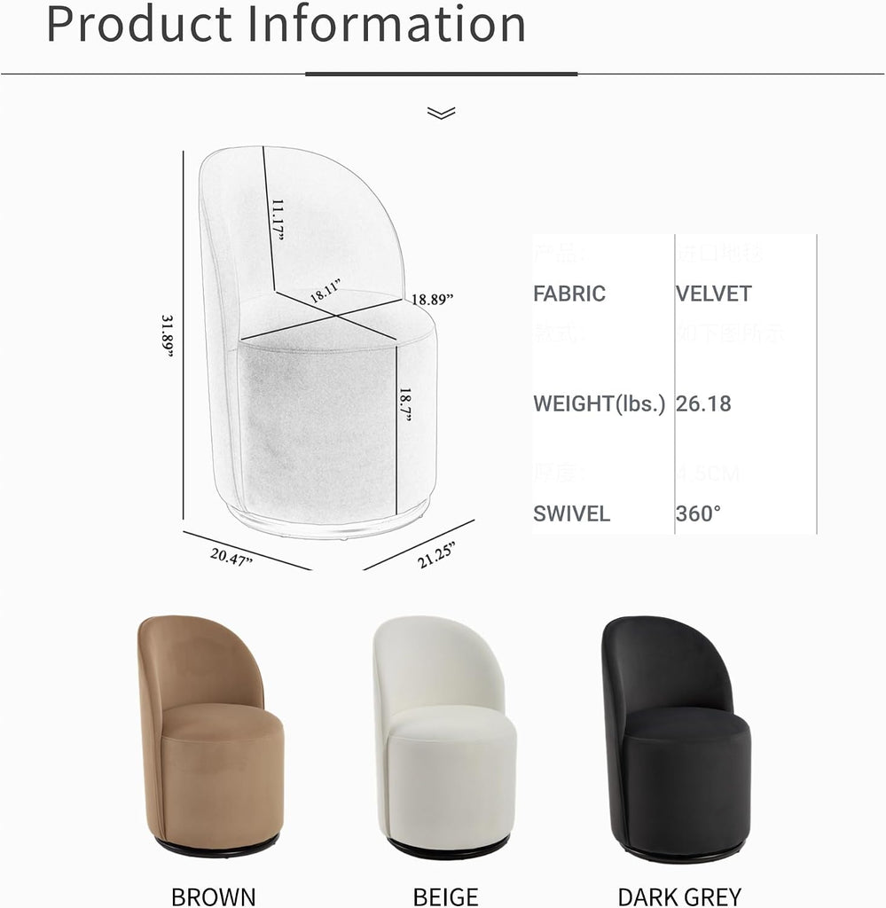 Comfy Swivel Vanity Chair, Velvet Upholstered Barrel Chair with 360 Swivel Mid Century Modern Round Armless Accent