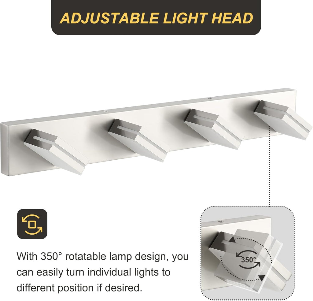 4 Light Bathroom Vanity Light Brushed Nickel Modern 32W LED Dimmable Vanity Light Over Mirror 350° Adjustable Lamp