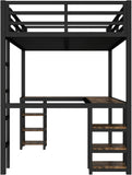 Twin XL Size Loft Bed with Desk and Shelves, Metal Twin XL loft bedframe with L Desk and 6 Storage Shelves, Black