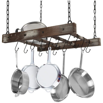 Hanging Pot Rack Pan Ceiling Wall Mounted Hanger Multi- Purpose Rustic Wood and Metal Cookware Kitchen Storage