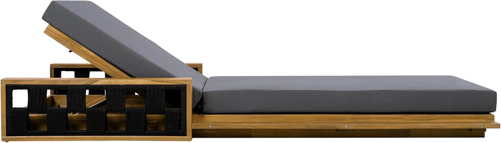 Acacia Wood Chaise Lounge Chair Outdoor with 2-Fold Cushion, Adjustable Backrest Sun Lounger Recliner, Wooden