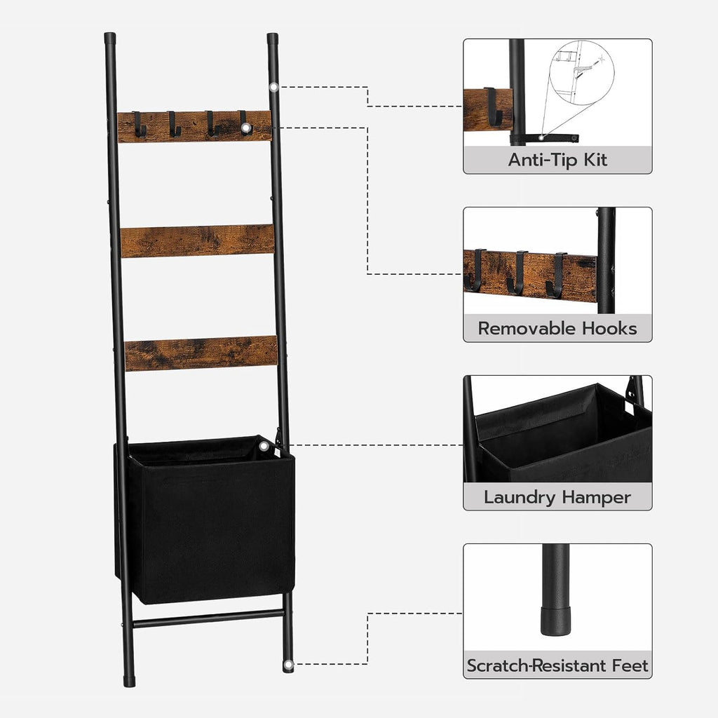 Blanket Ladder with Basket, 17.3"L x 63.4"H, Towel Rack with Hooks, Blanket Holder Rack, Decorative Ladder Shelf