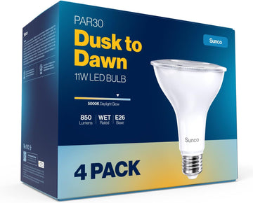 4 Pack PAR30 LED Bulbs, Dusk to Dawn Flood Light, 11W, E26 | 850LM, 5000K Daylight, Photocell Sensor, Wet-Rated