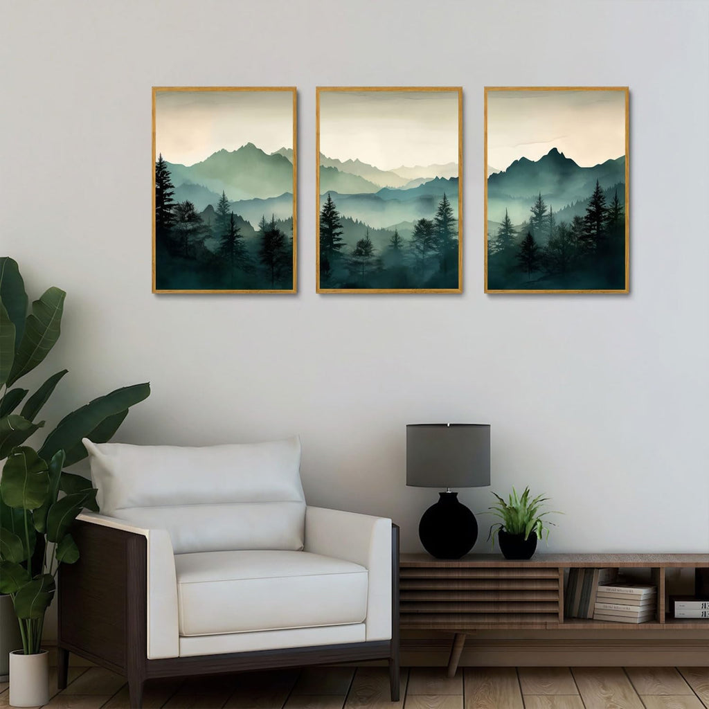 Framed Mountain Wall Art Set of 3 Sage Green Forest Canvas Prints Nature Landscape Watercolor Pictures Wall Decor
