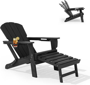 Folding Adjustable Adirondack Chair with Retractable Ottoman, HDPE Recliner Adirondack Chair with Cup Holder for Deck