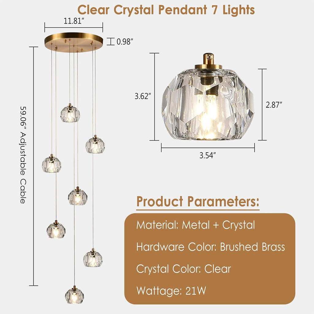7-Light Pendant Light Fixtures, 21W Crystal Raindrop Chandelier Cluster Modern, Brass Ceiling Light Fixture Chandelier with Clear Cut Crystal for Dining Room Foyer Hallway
