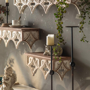 Retro Wall Shelf with Hollow Carving Patterns, Wood Floating Shelf Decorative Wall Mounted Shelf Vintage Hanging