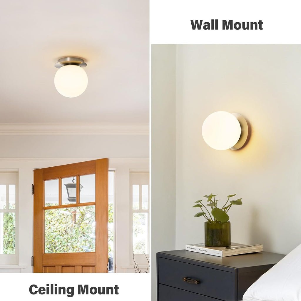 Nickel Globe Wall Sconce,Single Light with Milk Glass Shade | 6" Minimalist Spherical Vanity Sconces,Contemporary