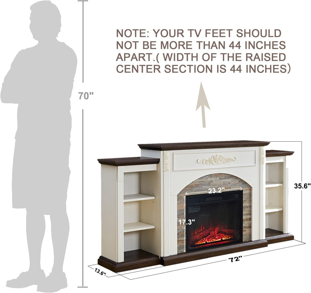 72" Electric Fireplace with Mantel, White TV Stand for TVs Up to 80 Inch, Farmhouse Entertainment Center with Storage