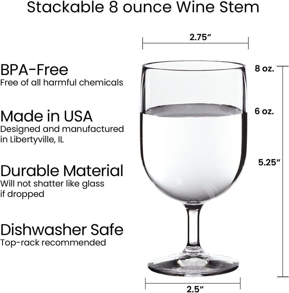 Stackable 8 ounce Plastic Wine Stems in Clear | Set of 8 Reusable, BPA-free, Made in the USA, Top-rack Dishwasher Safe