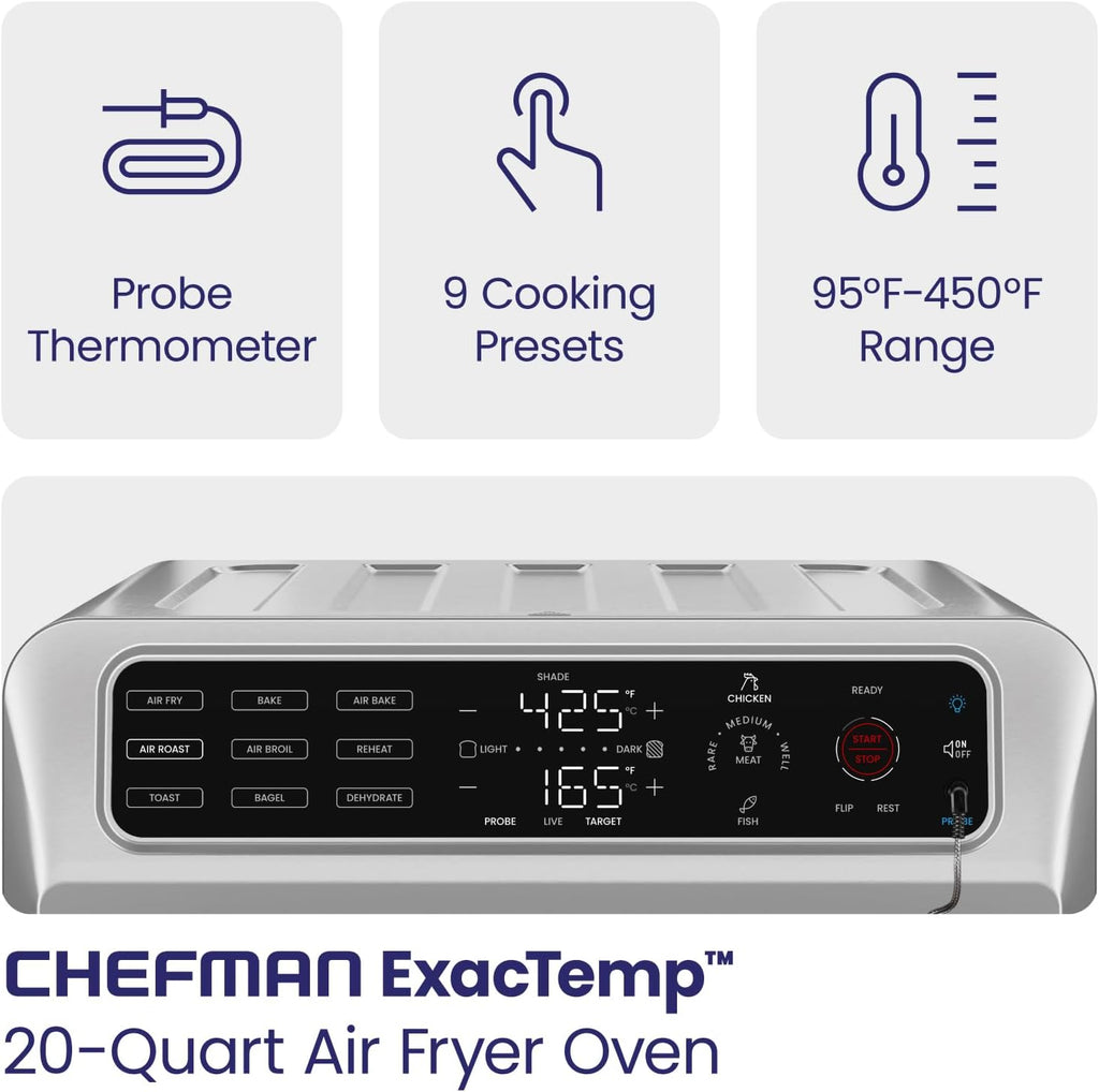 Air Fryer Toaster Oven Combo with Probe Thermometer, 12-In-1 Stainless Steel Convection Countertop, 10 Inch Pizza, 4