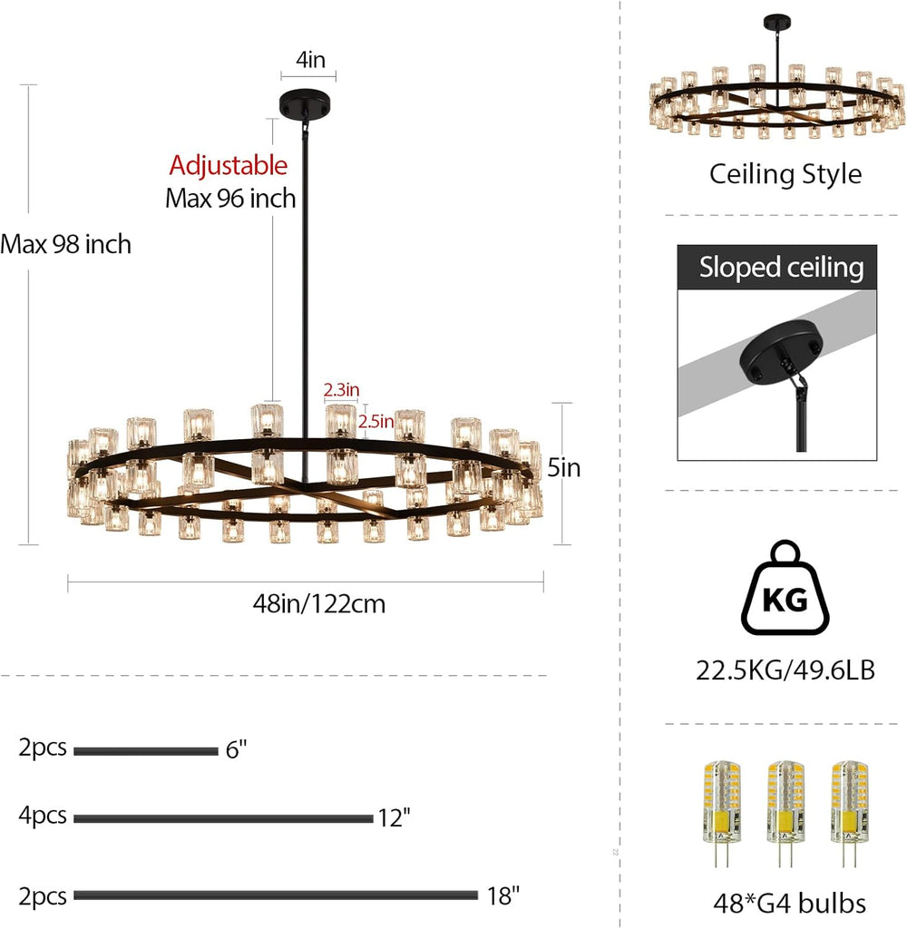 K9 Crystal 48-Light Black Round Chandelier, 48" Large Chandeliers for Living Room,Modern Farmhouse Black Wagon Wheel Chandelier for Dining Room,Entryway,Foyer,Staircase,Includes G4 Bulbs