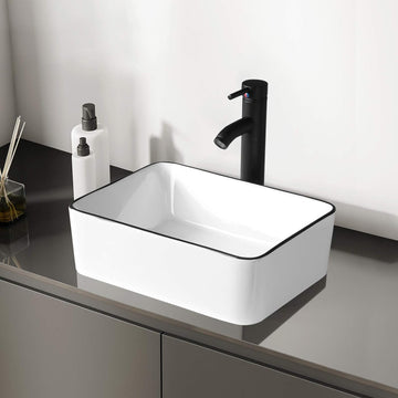 Ceramic Rectangular Bathroom Vessel Sink, 16'' x 12'' Above Counter Porcelain Small Sink with Faucet Combo, White Body with Black Trim