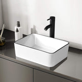 Ceramic Rectangular Bathroom Vessel Sink, 16'' x 12'' Above Counter Porcelain Small Sink with Faucet Combo, White Body with Black Trim on The Top A131-B08S47Q9NQ