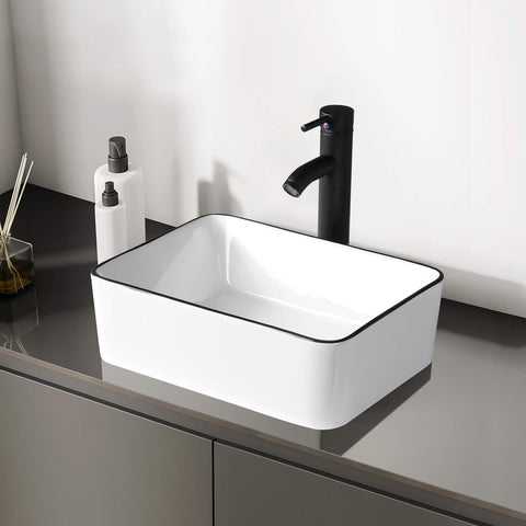 Ceramic Rectangular Bathroom Vessel Sink, 16'' x 12'' Above Counter Porcelain Small Sink with Faucet Combo, White Body with Black Trim on The Top A131-B08S47Q9NQ