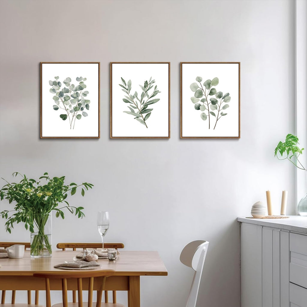 3 Piece Green Botanical Framed Wall Art Boho Eucalyptus Leaf Canvas Art Prints Watercolor Plant Pictures Wall Decor