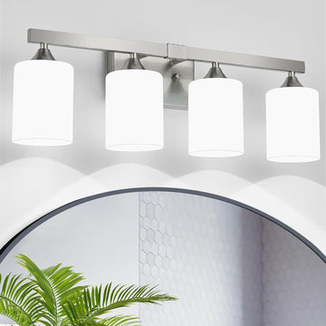 Brushed Nickel Vanity Lights,4-Light Bathroom Light Fixtures,Milky White Glass Shades Wall Lamp,E26 Socket Vanity