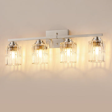 Nickel 4Light Bathroom Vanity Light with Fluted Cylinder Glass Shade | Modern Vanity Lighting Fixtures, Bathroom