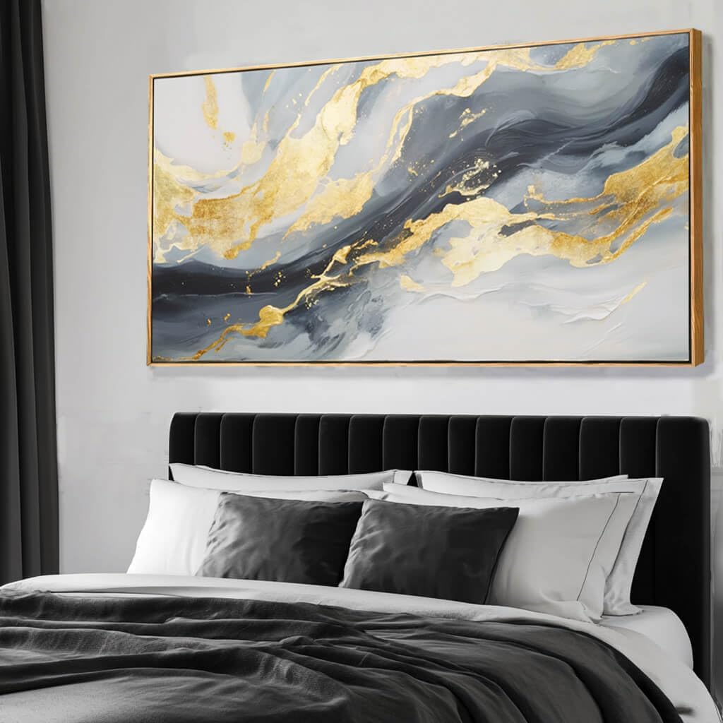 Large Abstract Canvas Wall Art Gold Decoration Blue Painting Bedroom Kitchen Home Office 29x58 Inch