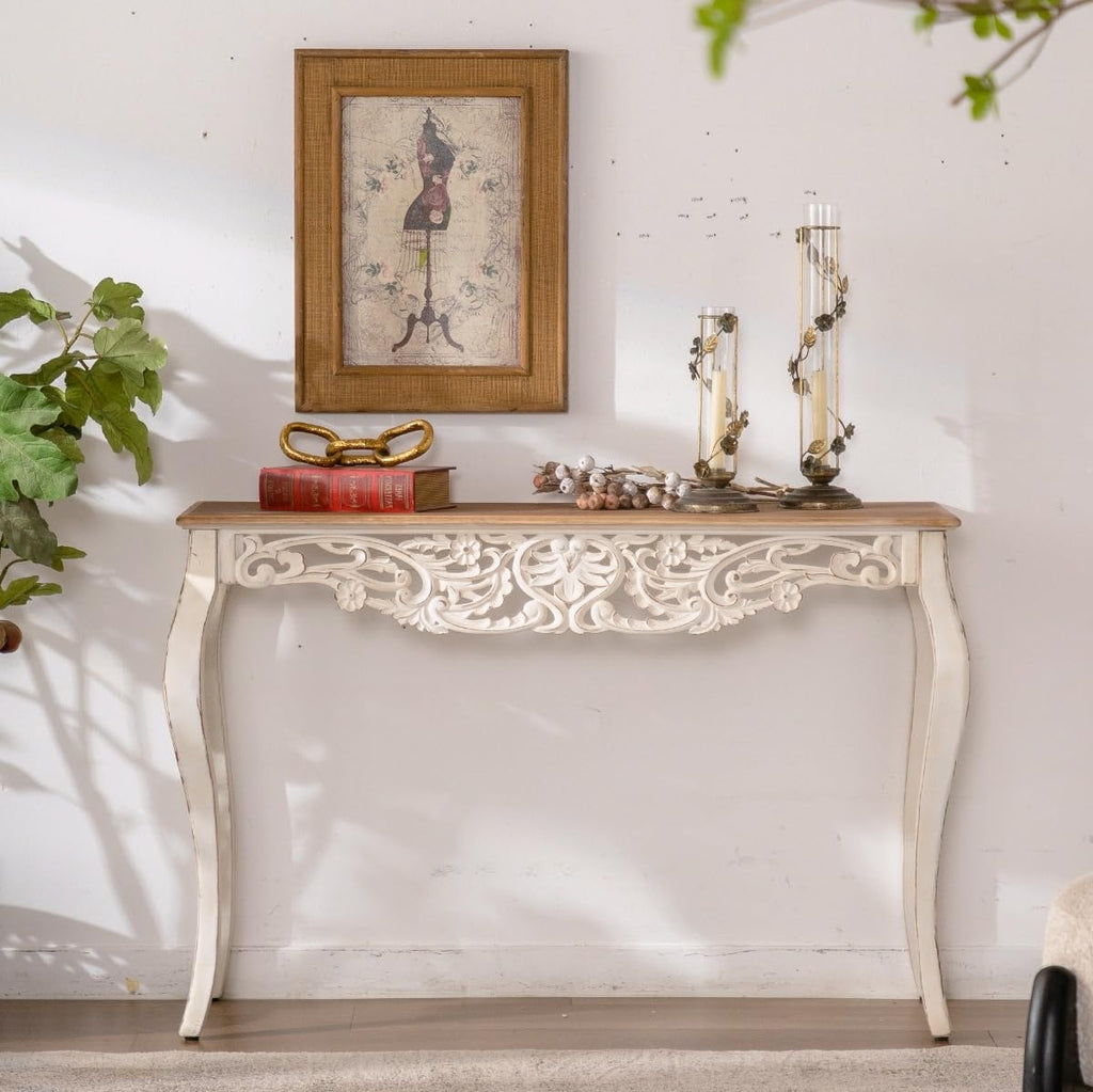 Console Table with Carved Details, 43.31" Long Sofa Table Behind Couch, Vintage French Country Entry Table with Wood