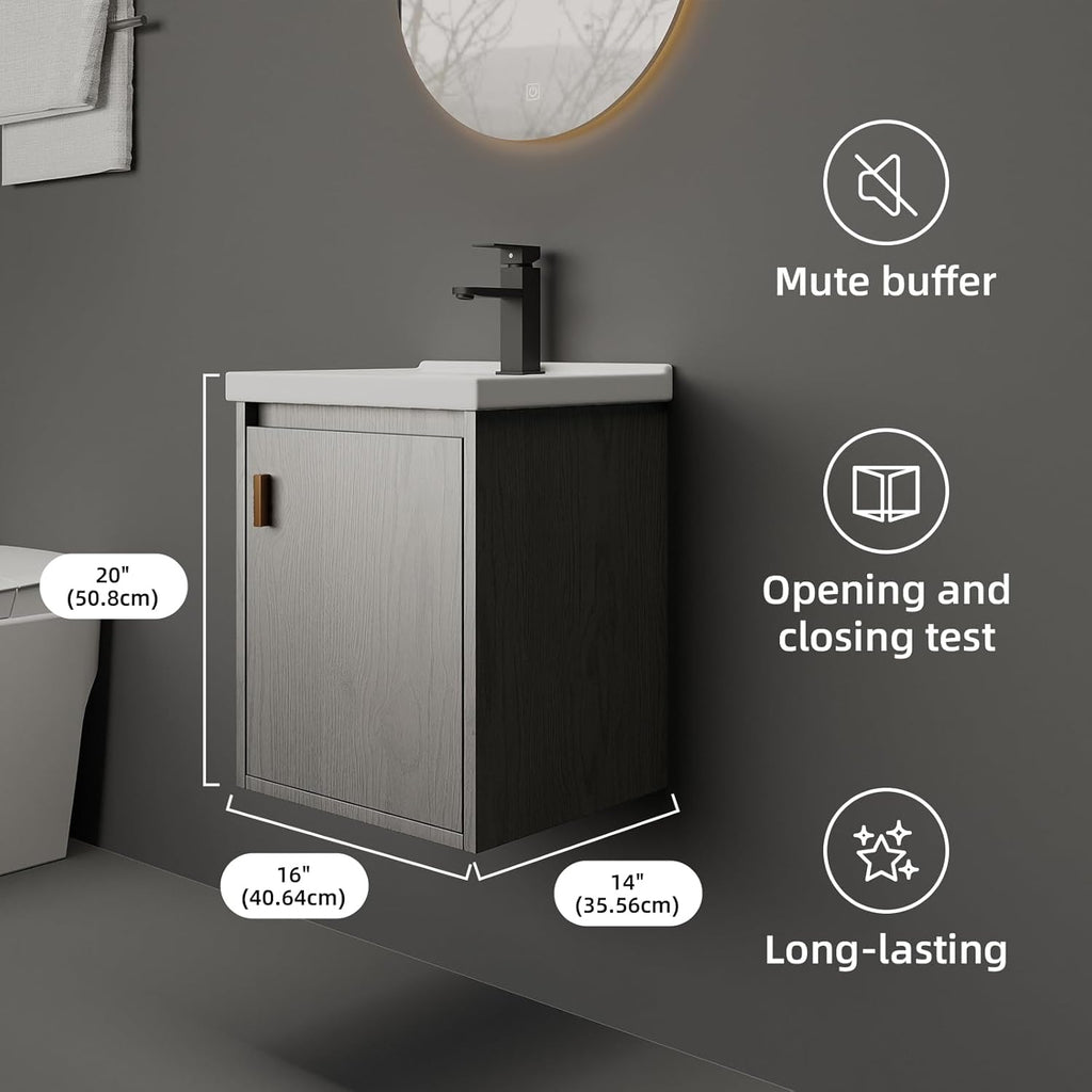 16" Wall-Mounted Bathroom Vanity with Sink, Floating Cabinet, Soft-Close Door, Grey Walnut
