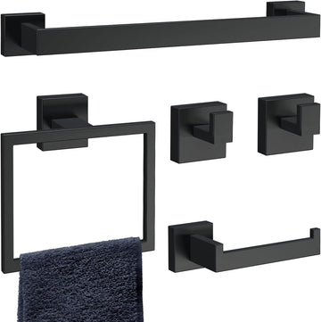 5-Piece Matte Black Bathroom Accessories Set, SUS304 Stainless Steel Wall Mounted 14.2 Inch Hand Towel Bar, Toilet