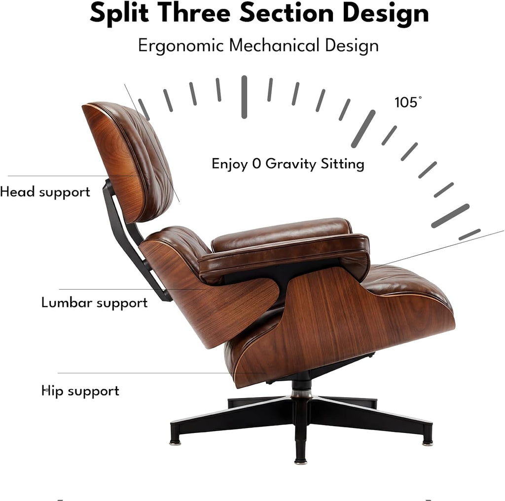 Modern Reading Chair and Ottoman — Walnut Leather