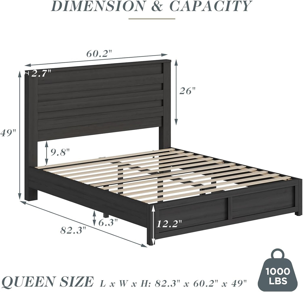 Queen Farmhouse Bed Frame with 49" Headboard, Platform Bed Frame with Wood Slats Support/No Box Spring Needed/Easy