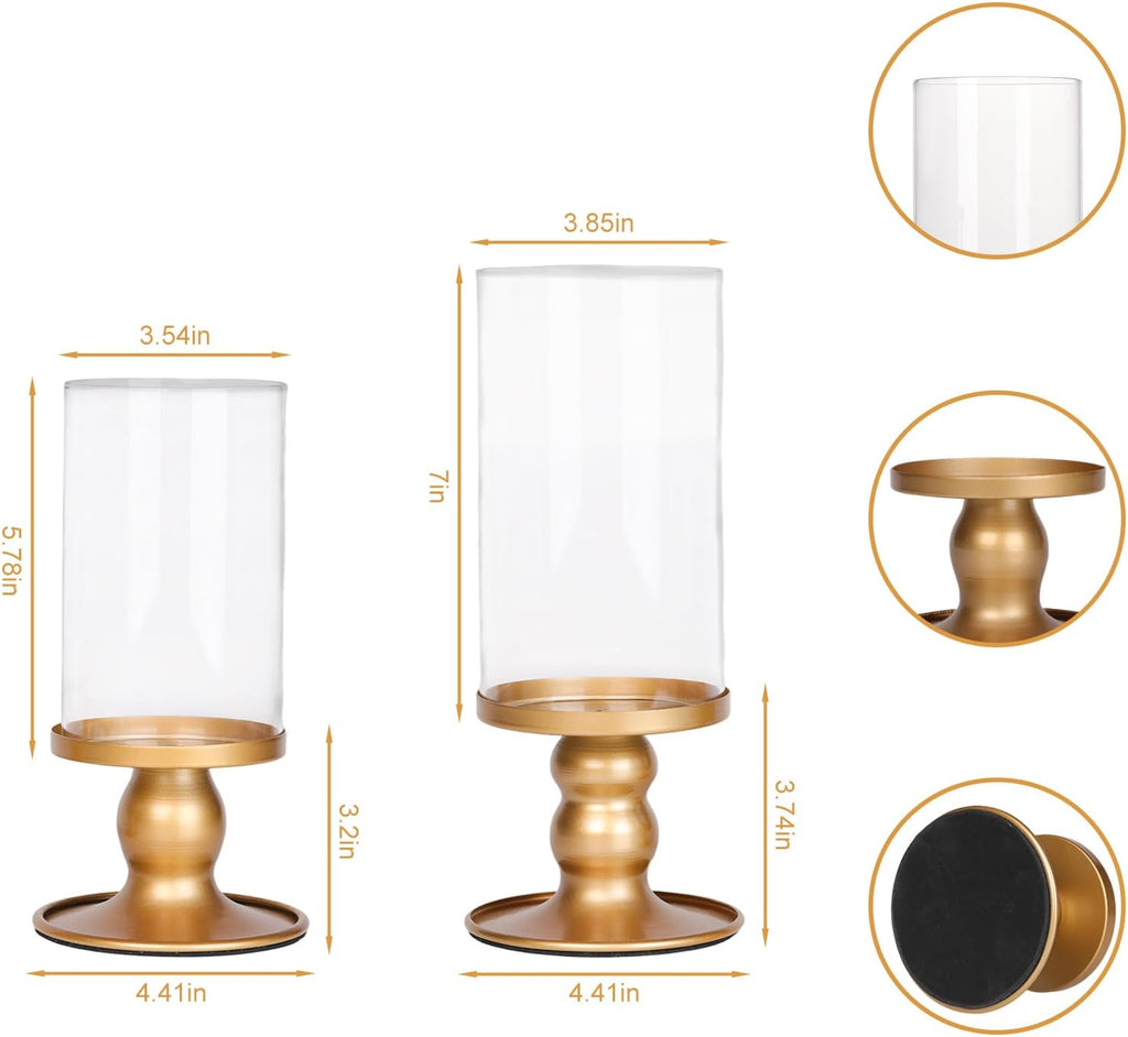 4Pcs Hurricane Candle Holder for Pillar Candles, Gold Candle Holders with Clear Glass Sleeve for Table