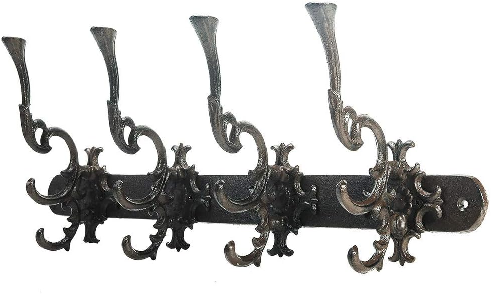 Vintage Cast Iron Wall Hook Rack - Ornate 4-Hooks Coat and Hat Organizer - Heavy Duty Decorative Hanger , or Mudroom