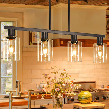 4-Light Kitchen Island Lighting, Black Simplicity Bar Island Lights for Kitchen, Farmhouse Chandelier with Adjustable