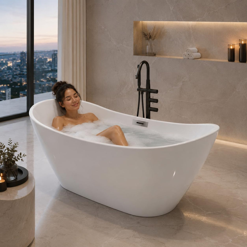 67" Acrylic Freestanding Bathtub, Deep Soaking Tub with Non-Slip Surface, Modern Free Standing Bath Tub, Chrome Drain