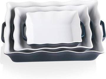 Casserole Dishes for Oven, Ceramic Bakeware Set of 3, Rectangular dish with Handles, Wave Edge Lasagna Pan Deep for
