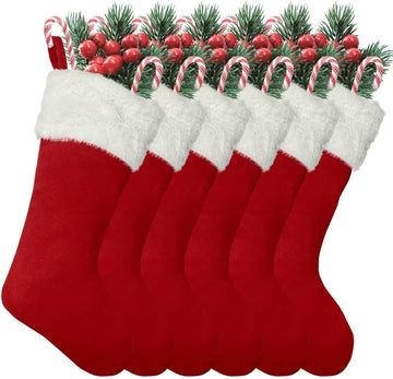6Pack Red Christmas Stockings Traditional 20 Inch Large Vintage Polyester Plush Luxury Xmas Stocking for Family