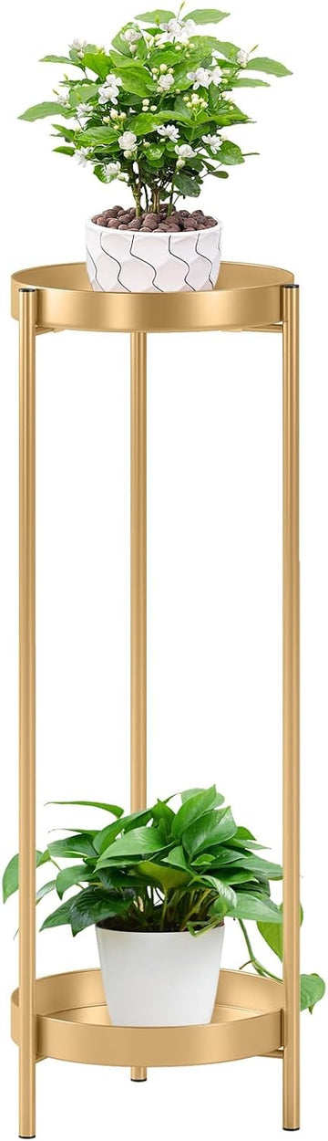 Metal Gold Tall Plant Stand Indoor or Outdoor - 30 inch 2 Tier Modern Corner Planter Shelf Rack with 2 Removable