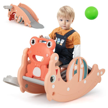 Toddler Slide Rocking Toy, 4 in 1 Convertible Freestanding Slide for Kids w/Basketball Hoop, Rocking Horse, Foldable